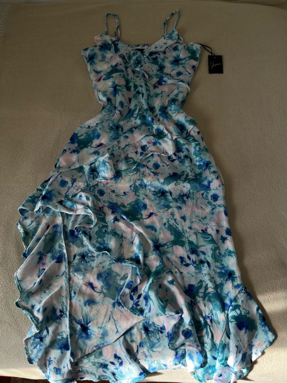 Japra Floral Ruffle Maxi Dress with Leg Slit In Blue and Pink